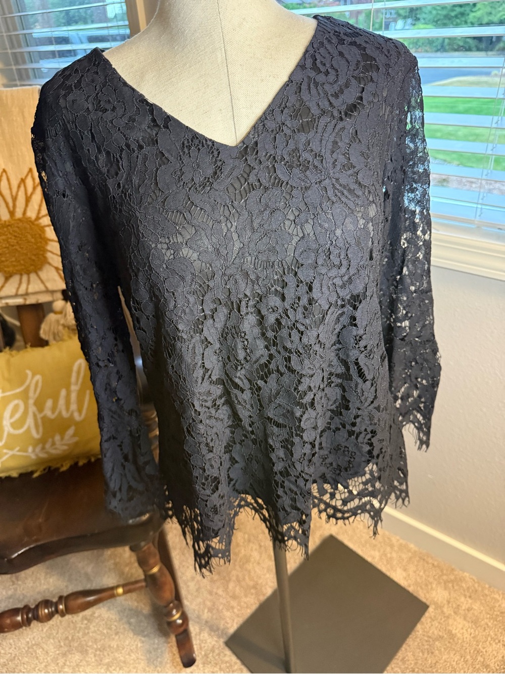 Zac & Rachel Navy Floral Lace V-Neck Blouse